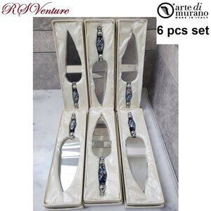 6 Murano Art Blue and White Cake Server Party Favor